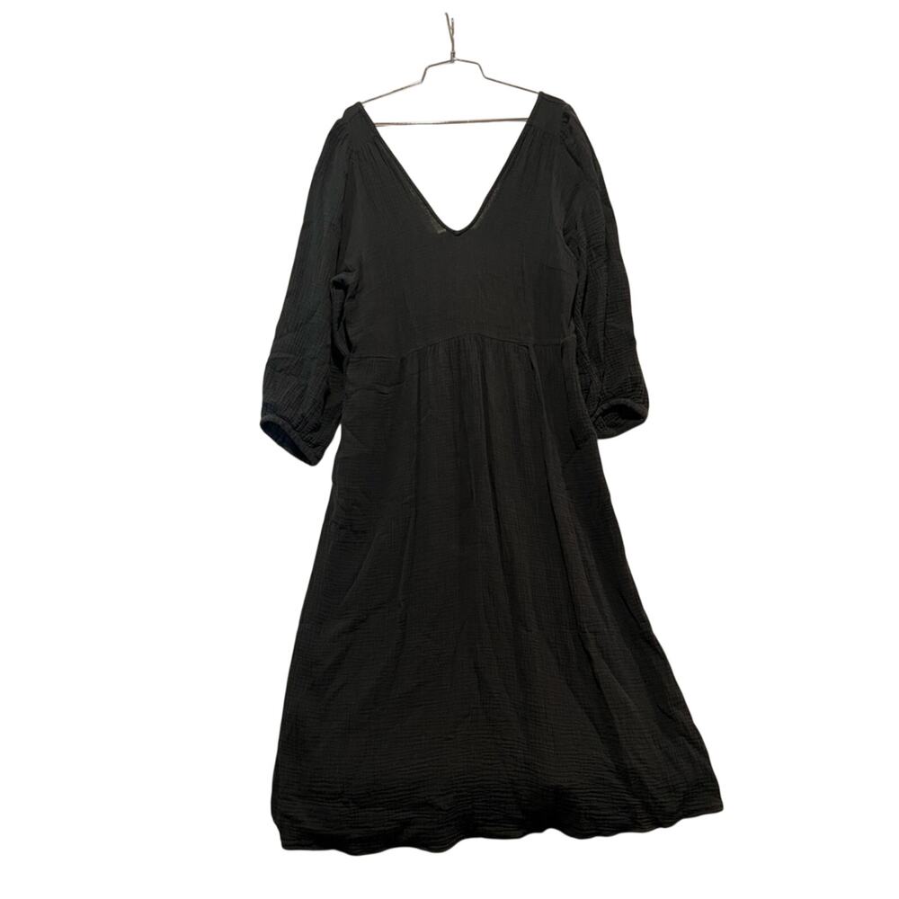 Madewell Gauzy Cotton Black V-Neck Midi Dress  3/4 Sleeves Cutout Back L